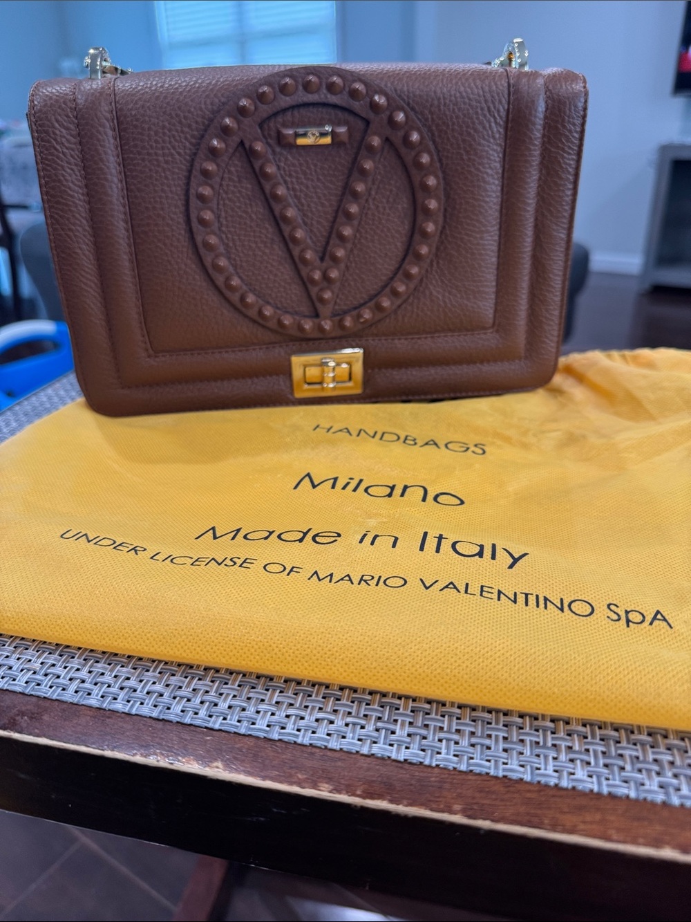 Mario Valentino Brown Pebbled Leather Shoulder Bag with Gold Hardware